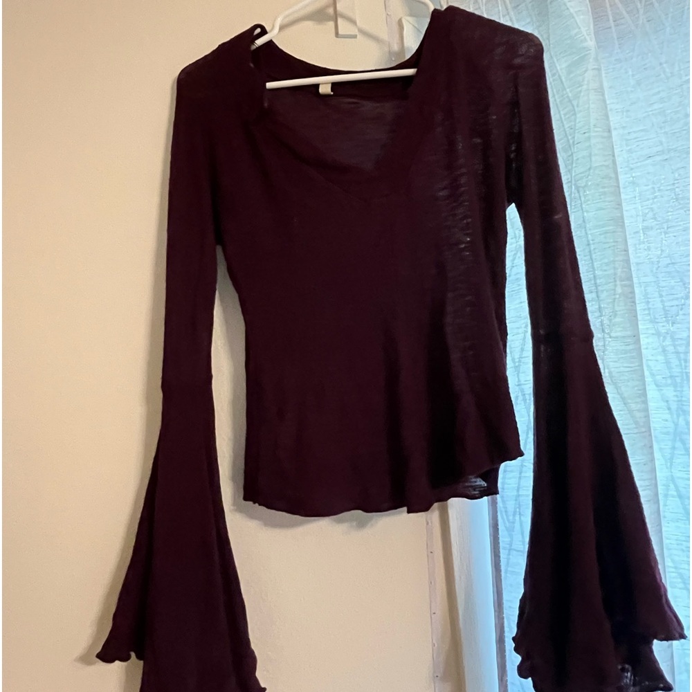 Free People Womens Maroon T-Shirt Long Sleeve V-Neck Size Small "